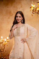 Women's Embroidered Crunchy Kurta Palazzo Set with Dupatta | 3/4 Sleeve Ethnic Party Wear Set