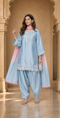 Sky Blue Embroidered Festive Kurti with Punjabi Salwar & Ombre Dupatta – 3 Piece Set