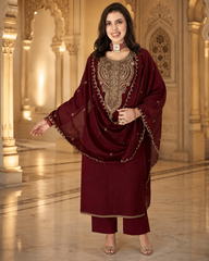 Women's Festive Embroidered Vichitra Suit Set with Dupatta