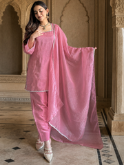 Women's Peach Crinkle Straight Kurta Patiala Set with Dupatta | Diamond Sequin Work