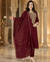 Women's Festive Embroidered Vichitra Suit Set with Dupatta