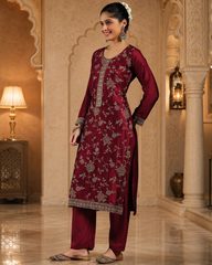 Elegant Maroon Embroidered Vichitra Silk Kurta Set with Dupatta