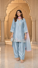 Sky Blue Embroidered Festive Kurti with Punjabi Salwar & Ombre Dupatta – 3 Piece Set