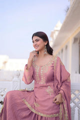 Women's Mehendi Embroidered Kurta Palazzo Set with Dupatta