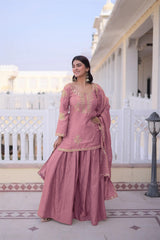 Women's Mehendi Embroidered Kurta Palazzo Set with Dupatta