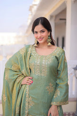 Women's Mehendi Embroidered Kurta Palazzo Set with Dupatta
