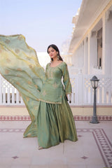 Women's Mehendi Embroidered Kurta Palazzo Set with Dupatta