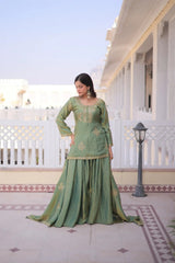 Women's Mehendi Embroidered Kurta Palazzo Set with Dupatta