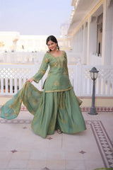 Women's Mehendi Embroidered Kurta Palazzo Set with Dupatta