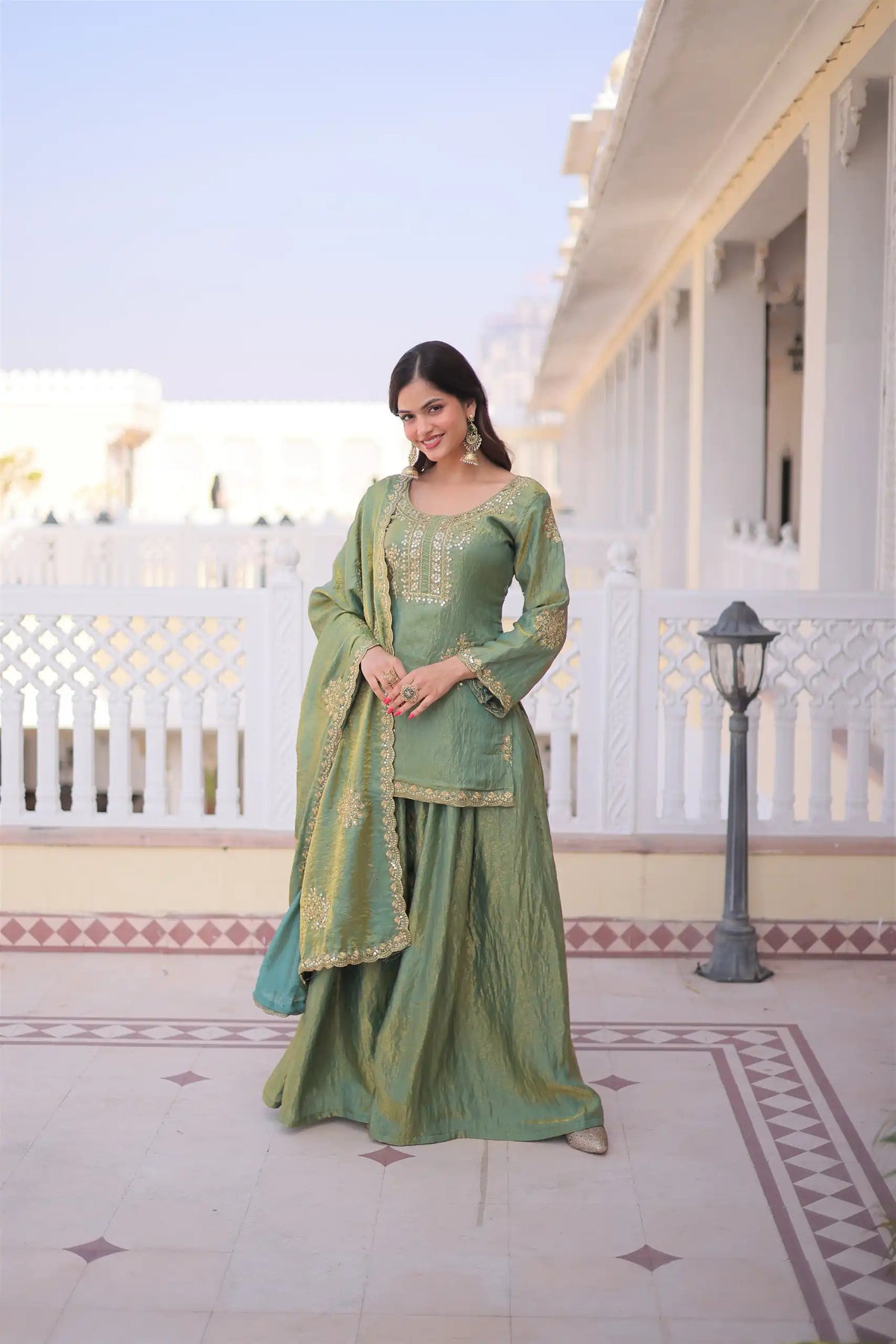 Women's Mehendi Embroidered Kurta Palazzo Set with Dupatta