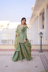 Women's Mehendi Embroidered Kurta Palazzo Set with Dupatta