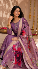 Purple Floral Embroidered Kurta Pant Set with Printed Organza Dupatta