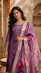 Purple Floral Embroidered Kurta Pant Set with Printed Organza Dupatta