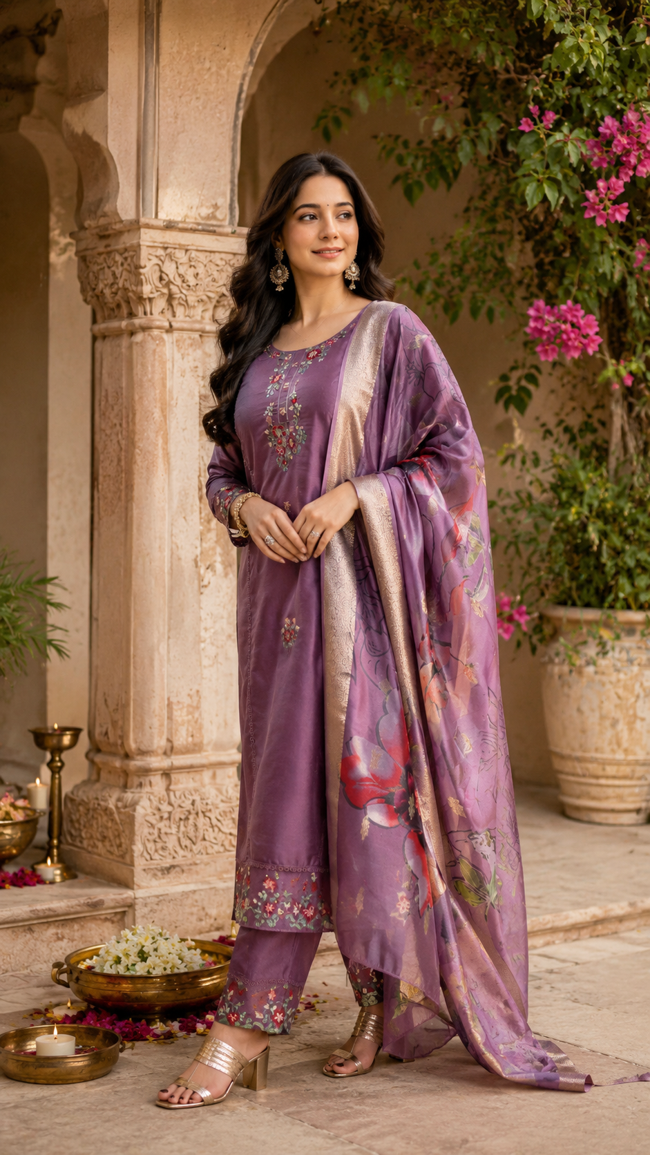 Purple Floral Embroidered Kurta Pant Set with Printed Organza Dupatta