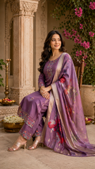 Purple Floral Embroidered Kurta Pant Set with Printed Organza Dupatta