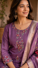 Purple Floral Embroidered Kurta Pant Set with Printed Organza Dupatta
