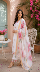 White Floral Embroidered Kurta Pant Set with Printed Organza Dupatta