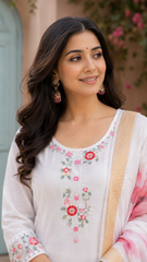 White Floral Embroidered Kurta Pant Set with Printed Organza Dupatta