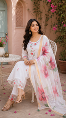 White Floral Embroidered Kurta Pant Set with Printed Organza Dupatta