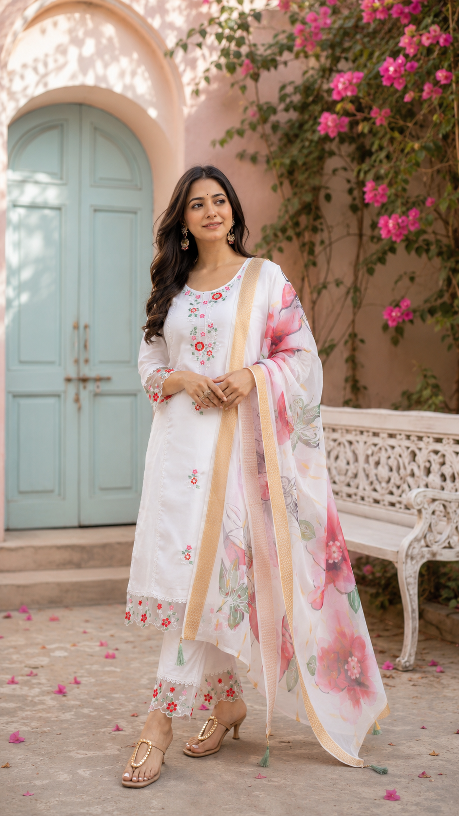 White Floral Embroidered Kurta Pant Set with Printed Organza Dupatta